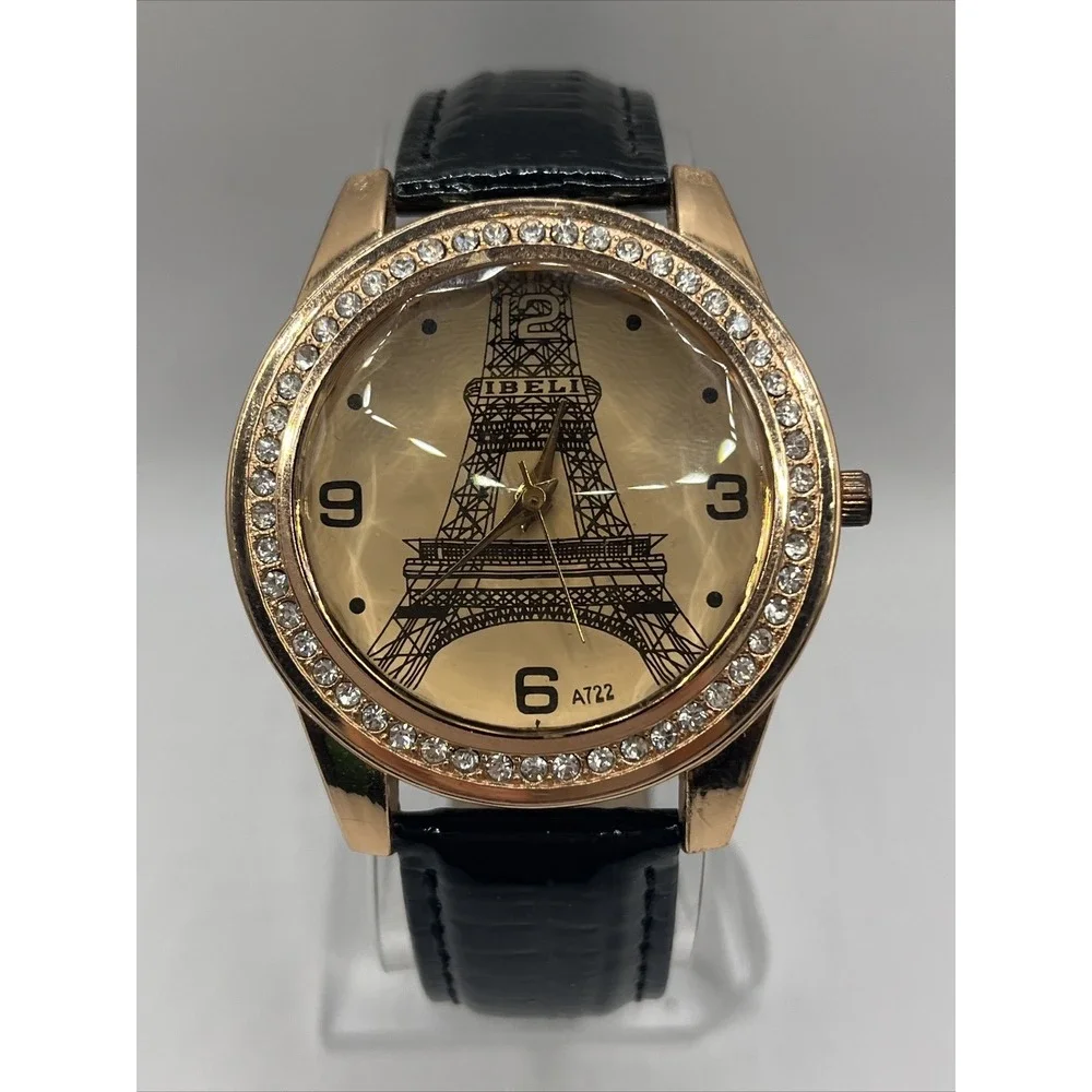 IBELI Women's Watch Eifel Tower Black Leather Band Rhinestone Bezel- New Battery